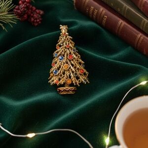 Vintage ART Signed Christmas Tree Rhinestone Brooch